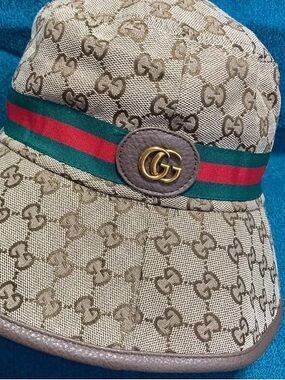 Gucci Beige/Tan Monogram Bucket Hat with Green and Red Web and Gold GG
